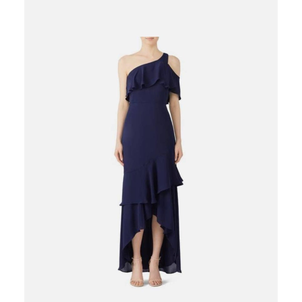 Parker Gown Navy Sharon Side Zip Short Sleeve One Shoulder Neck Blue Size 0